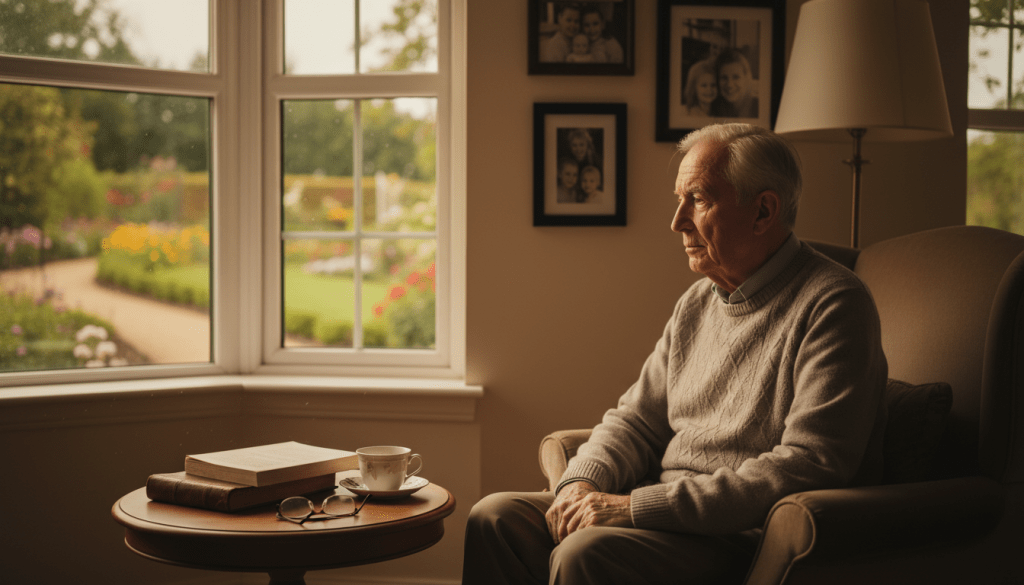 A senior man sitting alone in a cozy, warmly lit room, gazing thoughtfully out of a window with a soft expression of loneliness. In the foreground, a small table with an untouched cup of tea and an open book, symbolizing isolation. The middle ground features a comfortable armchair and framed photographs of family on the walls, highlighting connections that feel distant. The background shows a softly blurred garden visible through the window, suggesting a world outside that feels unreachable. The lighting is gentle and inviting, casting a serene atmosphere while emphasizing a sense of solitude. The overall mood conveys a poignant reflection on the risks of isolation faced by seniors in assisted living environments. A senior man sitting alone in a cozy, warmly lit room, gazing thoughtfully out of a window with a soft expression of loneliness. In the foreground, a small table with an untouched cup of tea and an open book, symbolizing isolation. The middle ground features a comfortable armchair and framed photographs of family on the walls, highlighting connections that feel distant. The background shows a softly blurred garden visible through the window, suggesting a world outside that feels unreachable. The lighting is gentle and inviting, casting a serene atmosphere while emphasizing a sense of solitude. The overall mood conveys a poignant reflection on the risks of isolation faced by seniors in assisted living environments.