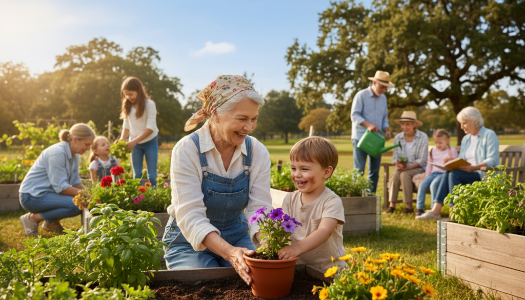A senior volunteer, a warm-hearted elderly woman wearing comfortable, modest clothing, is engaging with a small group of children in a sunlit community garden. In the foreground, she kneels beside a child, both laughing as they plant vibrant flowers together. The middle ground features colorful planting boxes filled with herbs and plants, surrounded by a diverse group of seniors and children working harmoniously. The background reveals an inviting park setting with green trees and a clear blue sky, enhancing the sense of community. Soft, natural lighting creates an uplifting atmosphere, conveying joy and connection. The scene is captured from a slightly elevated angle, focusing on the interaction between the volunteer and the children, showcasing the enriching experience of volunteering.