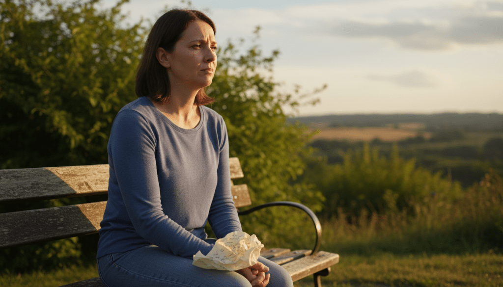 A serene and introspective scene depicting a caregiver sitting on a park bench, gazing thoughtfully into the distance. The caregiver, dressed in modest casual clothing, shows subtle expressions of guilt and sadness, reflecting inner turmoil. In the foreground, a slightly crumpled piece of paper with scribbled notes symbolizes their conflicting feelings. The middle ground features soft, blurred greenery, evoking a sense of tranquility, while the background presents a sunlit landscape with gentle hills, enhancing the mood of contemplation. Use soft, warm lighting to create an intimate atmosphere, and capture the scene with a slight depth of field to focus on the caregiver's expression while softly blurring elements behind. Aim for a calming yet emotionally resonant composition. A serene and introspective scene depicting a caregiver sitting on a park bench, gazing thoughtfully into the distance. The caregiver, dressed in modest casual clothing, shows subtle expressions of guilt and sadness, reflecting inner turmoil. In the foreground, a slightly crumpled piece of paper with scribbled notes symbolizes their conflicting feelings. The middle ground features soft, blurred greenery, evoking a sense of tranquility, while the background presents a sunlit landscape with gentle hills, enhancing the mood of contemplation. Use soft, warm lighting to create an intimate atmosphere, and capture the scene with a slight depth of field to focus on the caregiver's expression while softly blurring elements behind. Aim for a calming yet emotionally resonant composition.