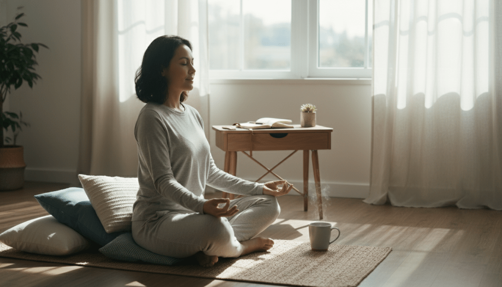 A serene and inviting indoor space showcasing a caregiver practicing self-care and flexibility in their routine. In the foreground, a caregiver dressed in modest casual clothing is peacefully meditating on a yoga mat, surrounded by soft cushions and a steaming cup of herbal tea. The middle ground features a small, well-organized workspace with a journal and a plant, symbolizing mindfulness and reflection. In the background, a window allows natural sunlight to pour in, creating a warm and calming atmosphere. The scene is illuminated with gentle, diffused lighting to enhance the sense of tranquility. The overall mood conveys balance, self-nurturing, and the importance of establishing a flexible daily routine.