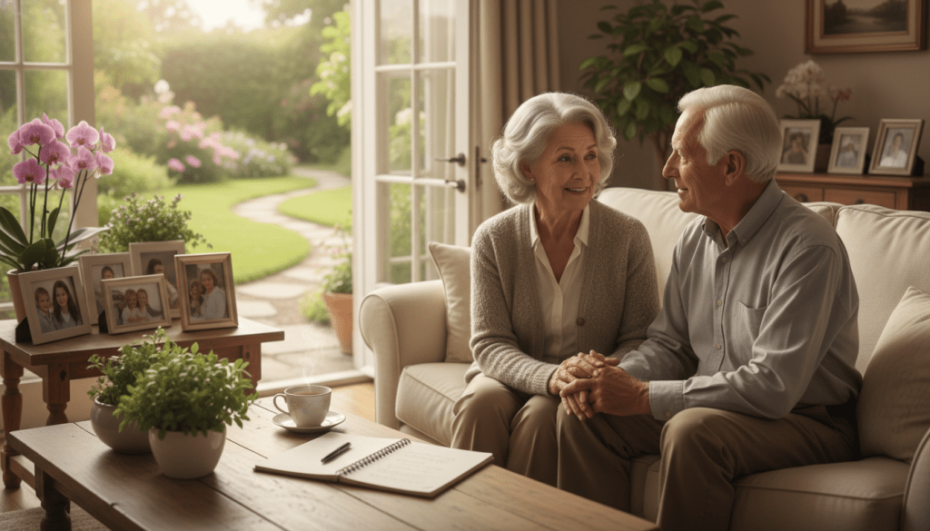 A serene and inviting living room setting, softly lit by warm, natural light streaming through a window. In the foreground, an elderly couple, dressed in comfortable yet modest casual clothing, engage in a friendly, attentive conversation, depicting the essence of a daily check-in. They are seated on a cozy sofa surrounded by family photos and plants, symbolizing care and connection. In the middle ground, a simple wooden coffee table holds a notepad and a cup of tea, suggesting the importance of communication and routine. In the background, a slightly blurred view of a sunny garden can be seen through the open window, creating an atmosphere of tranquility and warmth. The overall mood conveys safety, comfort, and the nurturing spirit of a daily check-in routine for elderly parents. A serene and inviting living room setting, softly lit by warm, natural light streaming through a window. In the foreground, an elderly couple, dressed in comfortable yet modest casual clothing, engage in a friendly, attentive conversation, depicting the essence of a daily check-in. They are seated on a cozy sofa surrounded by family photos and plants, symbolizing care and connection. In the middle ground, a simple wooden coffee table holds a notepad and a cup of tea, suggesting the importance of communication and routine. In the background, a slightly blurred view of a sunny garden can be seen through the open window, creating an atmosphere of tranquility and warmth. The overall mood conveys safety, comfort, and the nurturing spirit of a daily check-in routine for elderly parents.