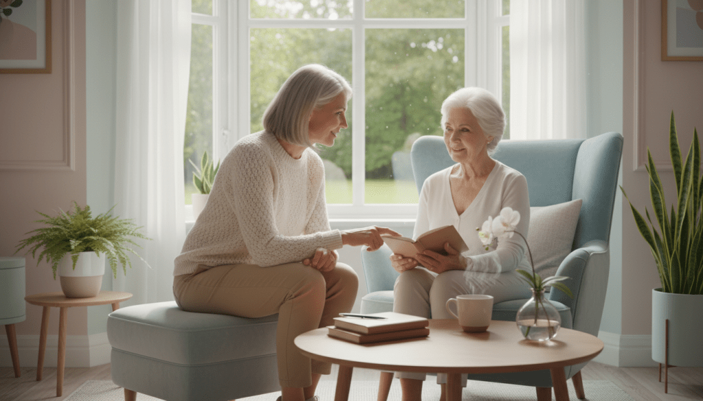 A serene and inviting room setting designed for a mood check-in session with older adults. In the foreground, a middle-aged healthcare professional, dressed in smart casual attire, is gently interacting with a senior individual sitting comfortably in an armchair, both showing expressions of calm and attentiveness. The middle layer showcases a warm, soft-lit environment with soft pastel colors, featuring serene plants, a small coffee table with a mood journal and a steaming cup of tea. In the background, a window allows natural light to illuminate the space, creating an uplifting atmosphere. The overall mood conveys support, well-being, and the importance of emotional connection in maintaining health, emphasizing a safe and nurturing environment for open communication.