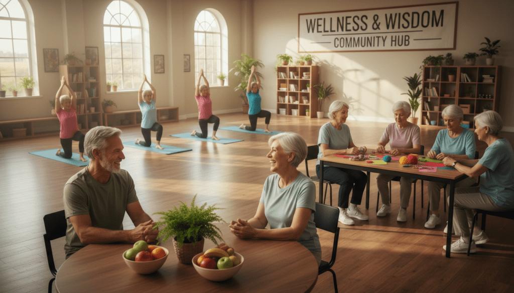 A serene and inviting scene centered around a diverse group of senior individuals engaged in various activities that promote well-being and social connection. In the foreground, two seniors, one man and one woman, share a joyful conversation at a round table adorned with plants and wholesome snacks. In the middle ground, other seniors participate in a gentle yoga class, while another group enjoys a crafting session. The background features a vibrant community center decorated with large windows letting in warm, natural light, creating a cozy atmosphere. Soft, diffused lighting enhances the sense of tranquility and positivity. The image should convey a mood of inclusivity, wellness, and camaraderie, captured from a slightly elevated angle to immerse viewers in the lively environment.