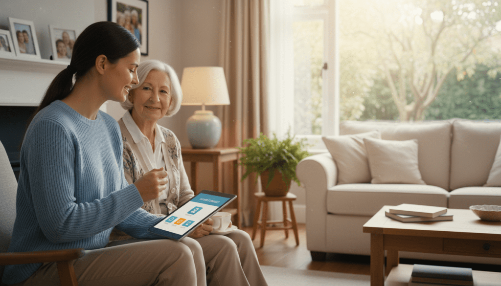 A serene and inviting scene depicting a professional check-in service for seniors. In the foreground, a friendly and approachable caregiver in modest casual clothing holds a tablet, engaged in conversation with an elderly individual, who appears content and safe. In the middle, a well-appointed home environment features comfortable seating and soft lighting, suggesting warmth and security. The background shows a window with soft daylight streaming in, enhancing the feeling of a safe and connected space. Incorporate elements like potted plants and family photos to convey a sense of belonging. The overall atmosphere should be one of care, support, and community, with a focus on fostering connection and safety for seniors living alone.