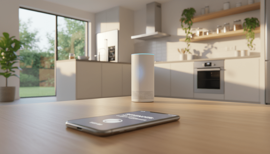 A serene and modern home environment featuring an automated medication reminder system. In the foreground, a sleek smartphone on a wooden table displaying a notification for a scheduled medication reminder. The middle ground shows a brightly lit kitchen with a sophisticated voice assistant device, hinting at the technology facilitating the reminders. Light shines through the large window, creating a warm, inviting atmosphere. In the background, shelves filled with medical supplies and plants add a touch of life and reassurance. The overall mood is professional yet comforting, emphasizing the importance of timely medication reminders for health management. Use a soft focus to draw attention to the smartphone while maintaining clarity throughout the scene, depicting a practical solution in a household setting. A serene and modern home environment featuring an automated medication reminder system. In the foreground, a sleek smartphone on a wooden table displaying a notification for a scheduled medication reminder. The middle ground shows a brightly lit kitchen with a sophisticated voice assistant device, hinting at the technology facilitating the reminders. Light shines through the large window, creating a warm, inviting atmosphere. In the background, shelves filled with medical supplies and plants add a touch of life and reassurance. The overall mood is professional yet comforting, emphasizing the importance of timely medication reminders for health management. Use a soft focus to draw attention to the smartphone while maintaining clarity throughout the scene, depicting a practical solution in a household setting.