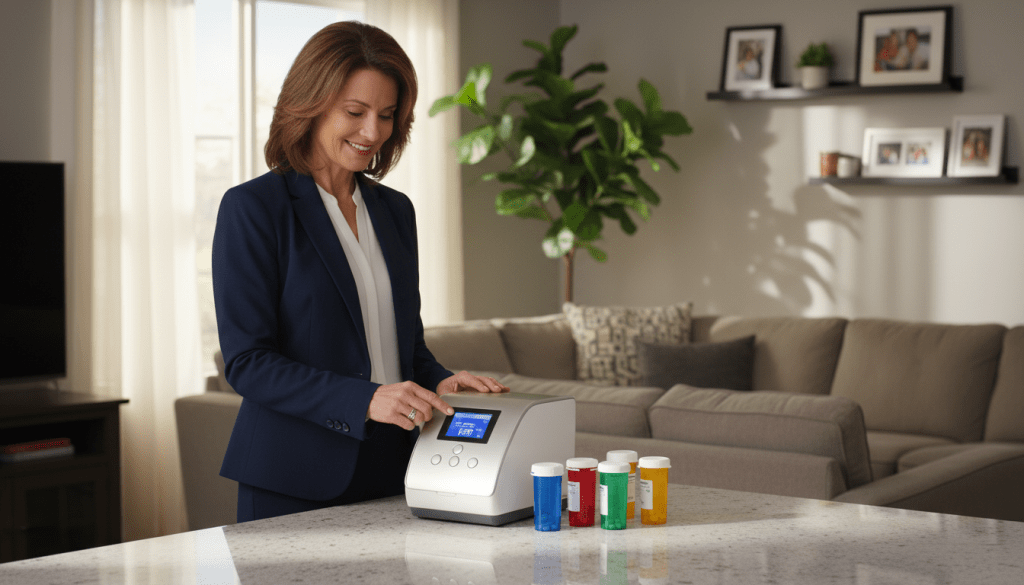 A serene and modern home setting showcasing an automatic pill dispenser on a polished kitchen countertop in the foreground. The dispenser is sleek and user-friendly, with vibrant prescription pill bottles neatly arranged beside it. In the middle ground, a middle-aged woman in professional business attire smiles as she checks the dispenser, exuding confidence in managing her medication. Soft, natural light filters in through a nearby window, illuminating the scene, creating a warm and inviting atmosphere. In the background, hints of a well-organized living space, such as houseplants and family photos, suggest a balanced lifestyle. The overall mood is positive and empowering, emphasizing the benefits of medication adherence through technology.