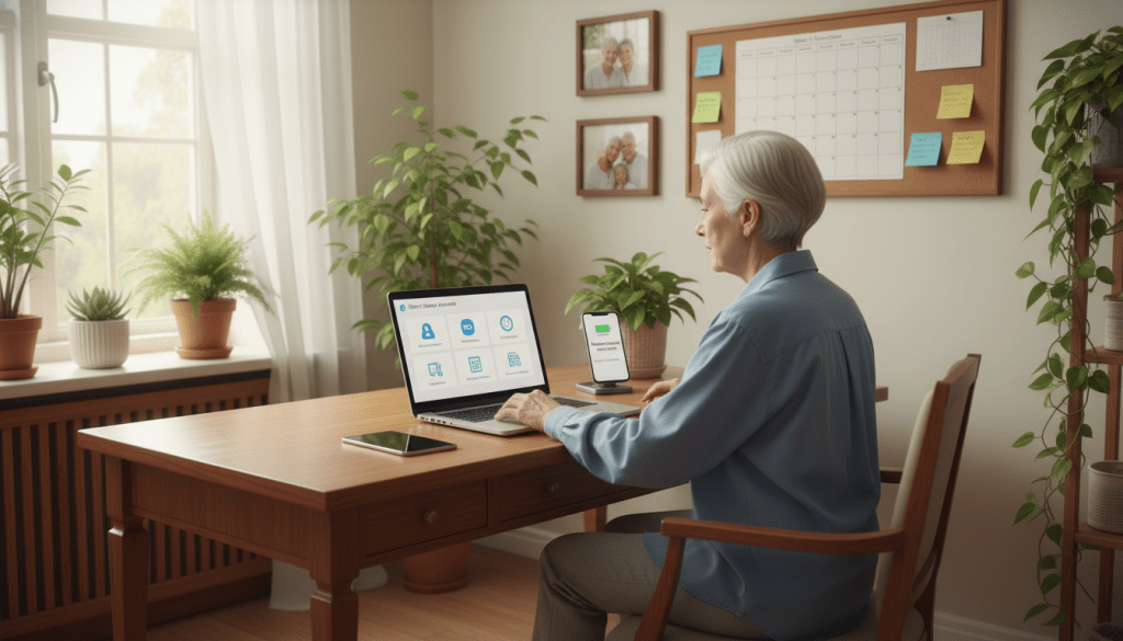 A serene and organized home office scene dedicated to secure online account management for senior care. In the foreground, an elderly individual, dressed in comfortable yet professional attire, sits at a desk using a laptop, showcasing a user-friendly online interface. A smartphone rests beside them with a visible medication reminder alert. In the middle ground, a calendar on the wall displays medication schedules, alongside color-coded notes for clarity. The background reveals soft, natural lighting streaming from a window, highlighting a cozy atmosphere filled with indoor plants and family photographs. Capture the sense of calm and focus in the room, emphasizing the importance of technology in managing medication reminders efficiently and securely. Ensure the image embodies clarity and helpfulness, reflecting the supportive nature of senior care. A serene and organized home office scene dedicated to secure online account management for senior care. In the foreground, an elderly individual, dressed in comfortable yet professional attire, sits at a desk using a laptop, showcasing a user-friendly online interface. A smartphone rests beside them with a visible medication reminder alert. In the middle ground, a calendar on the wall displays medication schedules, alongside color-coded notes for clarity. The background reveals soft, natural lighting streaming from a window, highlighting a cozy atmosphere filled with indoor plants and family photographs. Capture the sense of calm and focus in the room, emphasizing the importance of technology in managing medication reminders efficiently and securely. Ensure the image embodies clarity and helpfulness, reflecting the supportive nature of senior care.
