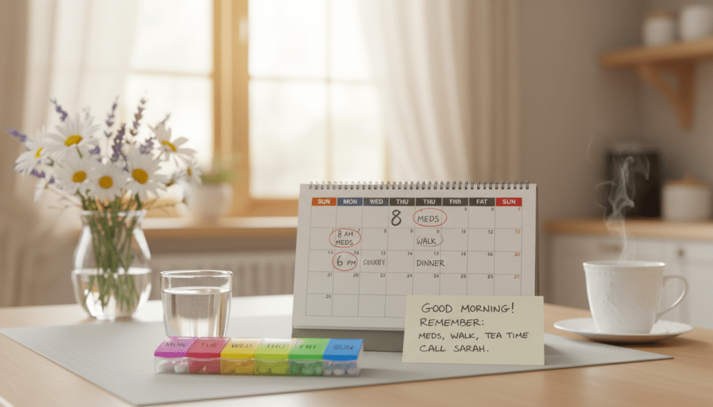 A serene and organized kitchen table set for a dementia care daily routine. In the foreground, a neatly arranged pill organizer with colorful compartments labeled for each day of the week, next to a glass of water. In the middle ground, an open calendar with large, easy-to-read dates highlighting medication times, alongside a gentle reminder note about daily activities. The background features warm, soft lighting streaming in through a window, creating an inviting atmosphere. A fragrant cup of herbal tea steams lightly, and a vase of fresh flowers adds a touch of color. The scene evokes a sense of calmness and reassurance, focusing on simplicity and clarity.