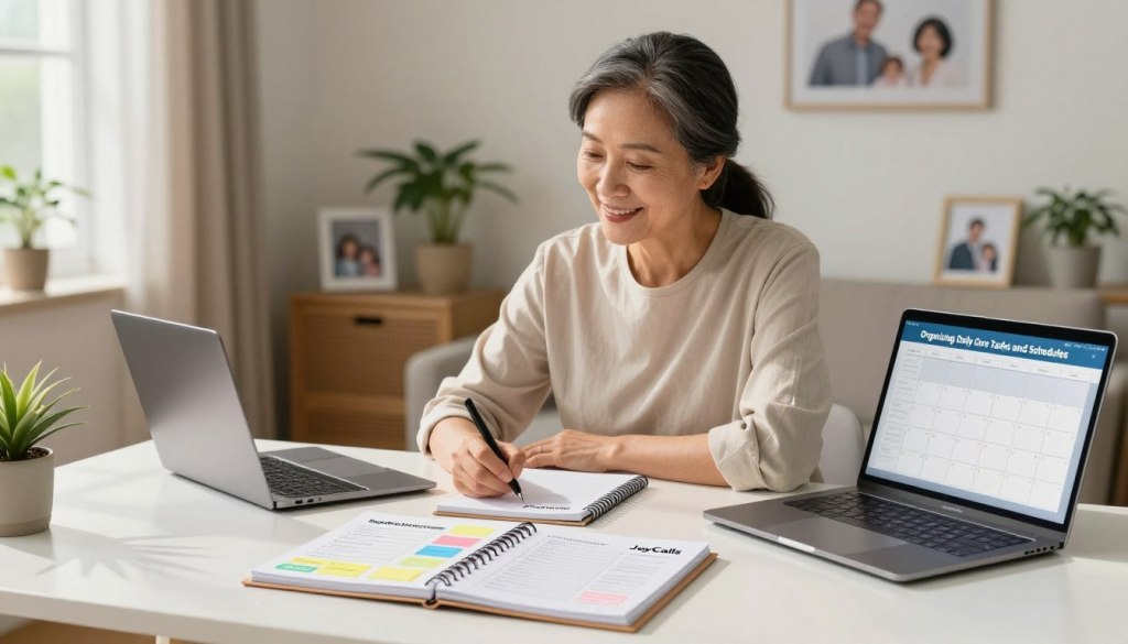 A serene and organized workspace depicting the essence of "Organizing Daily Care Tasks and Schedules." In the foreground, a neatly arranged desk features a planner with colorful sticky notes outlining care tasks, next to a laptop displaying a digital calendar. In the middle, a middle-aged caregiver, dressed in modest professional attire, sits engaged in thoughtful planning, with a warm smile on their face. The background shows a softly lit room with family photos and houseplants, creating a comforting atmosphere. Natural light filters in through a nearby window, casting gentle shadows and adding warmth to the scene. The image conveys a sense of calm and purpose, emphasizing the importance of caregiving for aging parents, subtly incorporating the brand name "JoyCalls" on the planner.