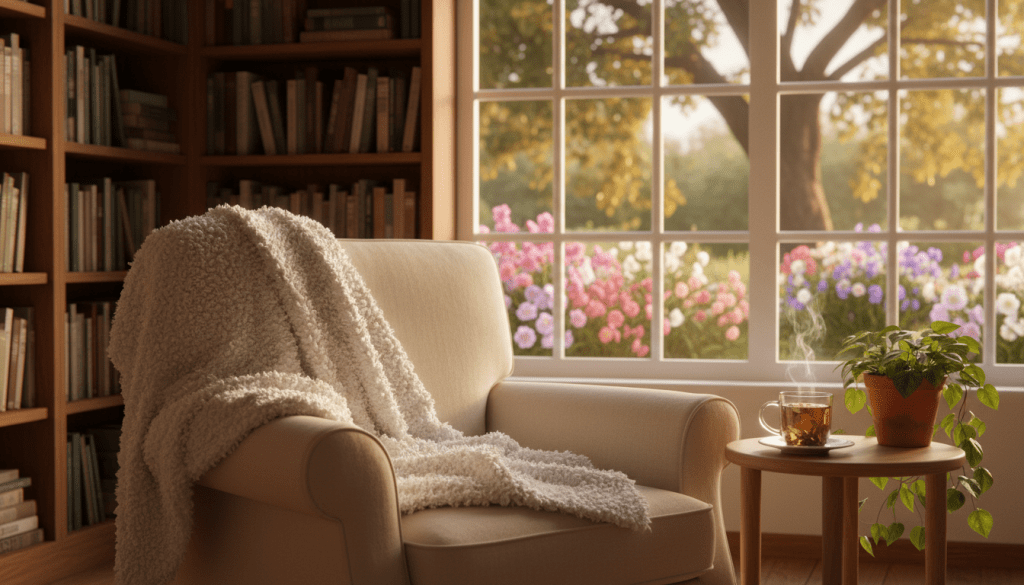A serene and peaceful self-care scene, featuring a cozy reading nook bathed in warm, soft light. In the foreground, a comfortable armchair adorned with a fluffy blanket and a steaming cup of herbal tea on a small wooden side table. A potted plant nearby adds a touch of greenery. In the middle, a large window reveals a tranquil garden view with blooming flowers and gentle sunlight filtering through. In the background, shelves filled with books create a warm atmosphere. The overall mood is calming and inviting, encouraging a sense of daily respite and relaxation. Shot with a slightly blurred background to emphasize the cozy space, using natural lighting for a soft, soothing effect. A serene and peaceful self-care scene, featuring a cozy reading nook bathed in warm, soft light. In the foreground, a comfortable armchair adorned with a fluffy blanket and a steaming cup of herbal tea on a small wooden side table. A potted plant nearby adds a touch of greenery. In the middle, a large window reveals a tranquil garden view with blooming flowers and gentle sunlight filtering through. In the background, shelves filled with books create a warm atmosphere. The overall mood is calming and inviting, encouraging a sense of daily respite and relaxation. Shot with a slightly blurred background to emphasize the cozy space, using natural lighting for a soft, soothing effect.