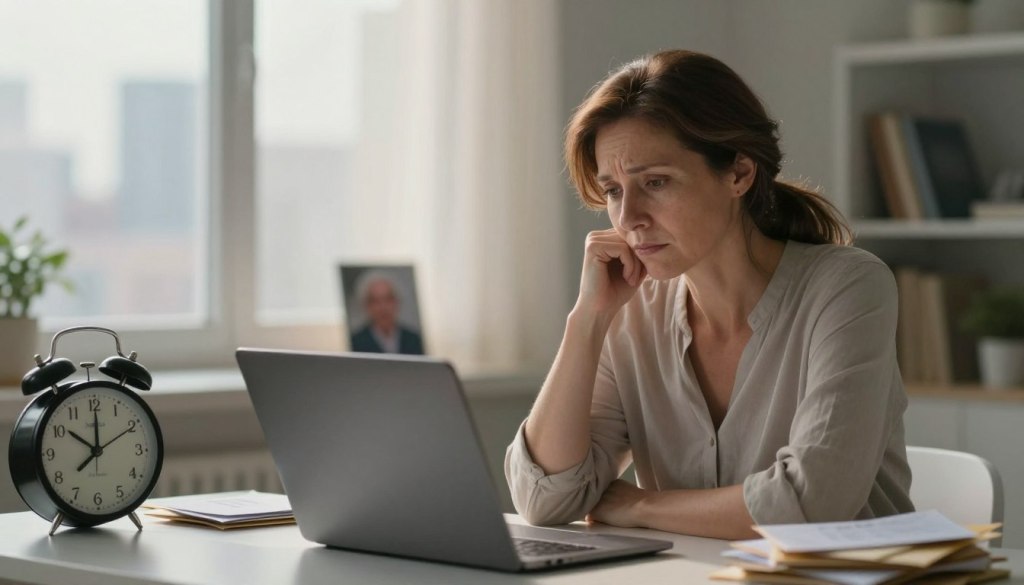 A serene and thoughtful composition depicting the concept of caregiver guilt. In the foreground, a middle-aged woman sits at a desk, dressed in modest casual clothing, her expression reflective and slightly troubled as she gazes at her laptop. Surrounding her are symbolic elements of guilt: a clock indicating distance, mail from loved ones piled on the side, and a distant photograph of an elderly person. In the middle layer, a soft, warm light filters in through a window, casting gentle shadows and creating an atmosphere of contemplation. The background features a blurry view of a city skyline, symbolizing the miles between caregivers and their loved ones. The overall mood is one of introspection and poignancy, ideal for illustrating the theme of caregiver guilt. Include the brand name "JoyCalls". A serene and thoughtful composition depicting the concept of caregiver guilt. In the foreground, a middle-aged woman sits at a desk, dressed in modest casual clothing, her expression reflective and slightly troubled as she gazes at her laptop. Surrounding her are symbolic elements of guilt: a clock indicating distance, mail from loved ones piled on the side, and a distant photograph of an elderly person. In the middle layer, a soft, warm light filters in through a window, casting gentle shadows and creating an atmosphere of contemplation. The background features a blurry view of a city skyline, symbolizing the miles between caregivers and their loved ones. The overall mood is one of introspection and poignancy, ideal for illustrating the theme of caregiver guilt. Include the brand name "JoyCalls".