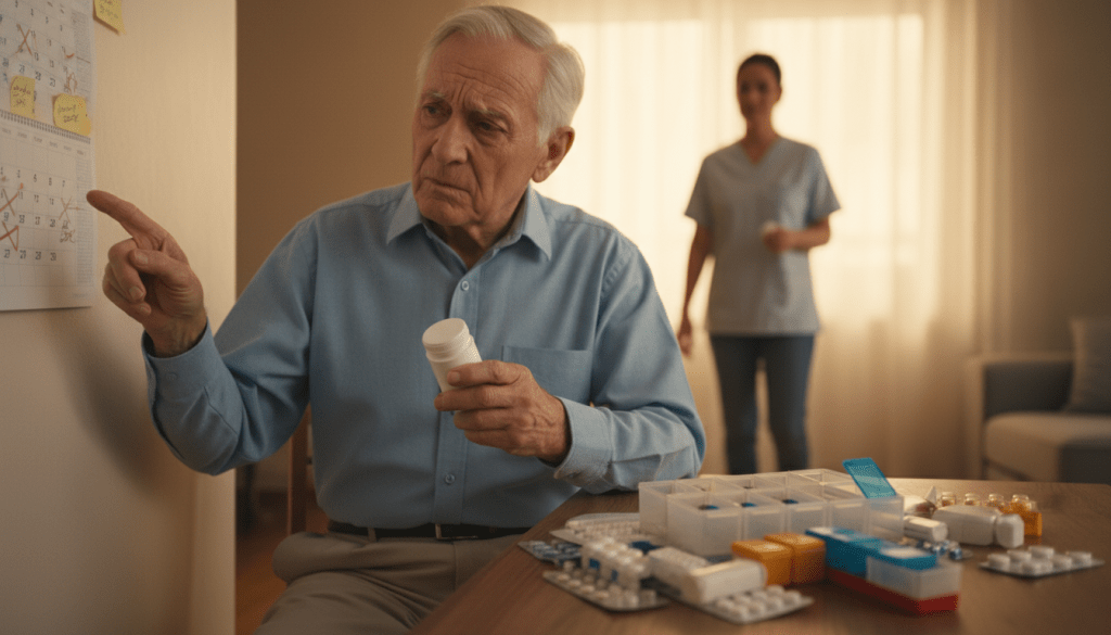 A serene and thoughtful scene depicting the impact of dementia on memory and medication use. In the foreground, an elderly person with a concerned expression is holding a pill bottle in one hand, looking at a calendar filled with reminders. Their attire is modest and professional. In the middle ground, a cluttered table with scattered medication organizers and soft light illuminating the area, emphasizing the tools used in managing health. In the background, a blurred silhouette of a caregiver or family member approaches, symbolizing support and understanding. The ambiance is calm yet poignant, with warm lighting to evoke a sense of empathy and care. The overall composition reflects the challenges faced by those with dementia regarding their memory and medication adherence.