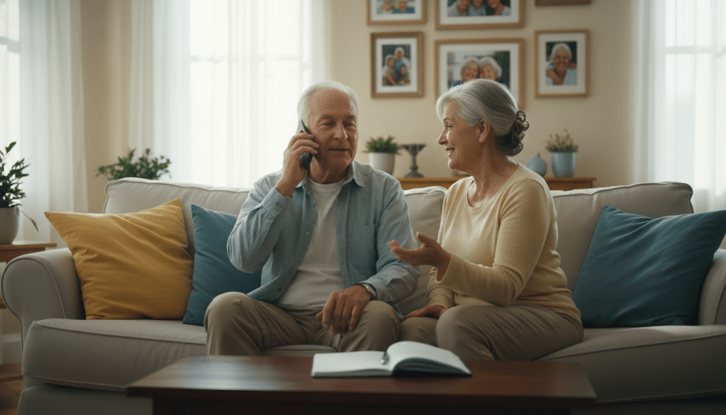 A serene and warm living room setting, with a senior couple sitting comfortably on a sofa, each wearing modest casual clothing. The elderly man is holding a smartphone, while the woman is smiling and engaging in conversation, illustrating the positive aspect of daily check-in calls. In the foreground, there is a coffee table with a notepad and a pen, symbolizing thoughtful communication. The middle ground features bright natural light pouring in through a window, creating a soft, inviting atmosphere. In the background, family photos on the walls emphasize connection and love. The scene captures a sense of togetherness and emotional support, fostering a mood of well-being and reassurance for seniors with hearing challenges. A serene and warm living room setting, with a senior couple sitting comfortably on a sofa, each wearing modest casual clothing. The elderly man is holding a smartphone, while the woman is smiling and engaging in conversation, illustrating the positive aspect of daily check-in calls. In the foreground, there is a coffee table with a notepad and a pen, symbolizing thoughtful communication. The middle ground features bright natural light pouring in through a window, creating a soft, inviting atmosphere. In the background, family photos on the walls emphasize connection and love. The scene captures a sense of togetherness and emotional support, fostering a mood of well-being and reassurance for seniors with hearing challenges.
