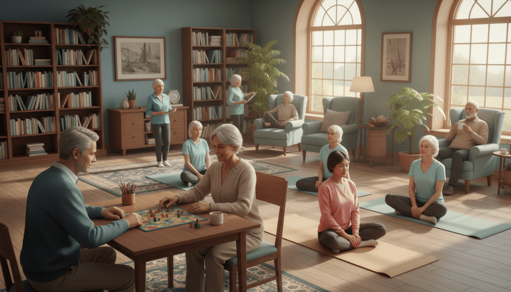 A serene community center setting featuring a group of seniors engaged in various activities aimed at reducing loneliness and anxiety. In the foreground, two elderly individuals, a man and a woman dressed in modest casual clothing, sit at a table playing a board game, smiling and enjoying each other's company. In the middle ground, another group participates in a gentle yoga class led by an instructor, promoting mindfulness and relaxation. The background shows a cozy reading nook with bookshelves and plants, creating a warm atmosphere. Soft, natural lighting filters through large windows, casting gentle shadows. The mood is uplifting and connected, emphasizing community and support among seniors. The scene captures the essence of strategies for managing loneliness and anxiety, illustrating the importance of social interaction and activities. A serene community center setting featuring a group of seniors engaged in various activities aimed at reducing loneliness and anxiety. In the foreground, two elderly individuals, a man and a woman dressed in modest casual clothing, sit at a table playing a board game, smiling and enjoying each other's company. In the middle ground, another group participates in a gentle yoga class led by an instructor, promoting mindfulness and relaxation. The background shows a cozy reading nook with bookshelves and plants, creating a warm atmosphere. Soft, natural lighting filters through large windows, casting gentle shadows. The mood is uplifting and connected, emphasizing community and support among seniors. The scene captures the essence of strategies for managing loneliness and anxiety, illustrating the importance of social interaction and activities.