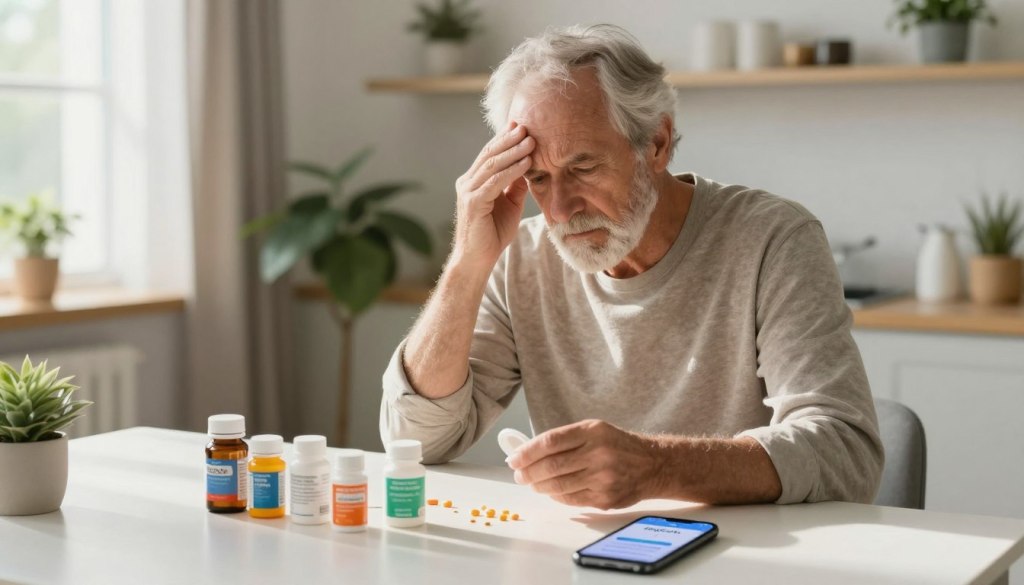 A serene, elderly man in modest casual clothes, carefully sorting through his daily medication at a well-organized kitchen table. His expression shows mild confusion as he examines various pill bottles, with colorful labels indicating different medications. In the foreground, a smartphone displays a medication reminder app, branded with "JoyCalls." Surrounding the scene, soft morning light filters through a nearby window, casting gentle shadows and creating an atmosphere of calm. In the background, a cozy living room with plants and soft furnishings emphasizes a sense of home. The overall mood highlights the challenges of medication management for seniors, focusing on the need for support and organization in their daily routines.