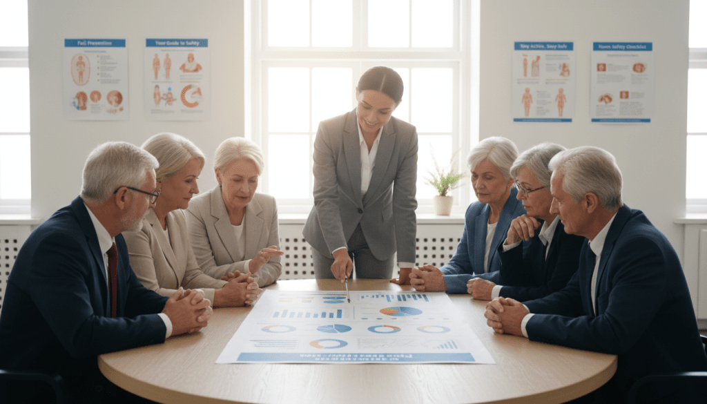 A serene healthcare setting focused on understanding fall statistics for older adults. In the foreground, a diverse group of older adults, reflecting various ethnicities, are sitting around a table, studying a large chart displaying fall risk statistics. They are dressed in professional business attire, engaged in discussion. In the middle ground, a healthcare professional, also in business attire, points to the chart, facilitating the conversation with a warm smile. The background features a well-lit room with medical posters about fall prevention and safety tips. Soft natural light streams in through large windows, creating an inviting and informative atmosphere. The overall mood is collaborative and educational, emphasizing the importance of understanding fall risks among older adults. A serene healthcare setting focused on understanding fall statistics for older adults. In the foreground, a diverse group of older adults, reflecting various ethnicities, are sitting around a table, studying a large chart displaying fall risk statistics. They are dressed in professional business attire, engaged in discussion. In the middle ground, a healthcare professional, also in business attire, points to the chart, facilitating the conversation with a warm smile. The background features a well-lit room with medical posters about fall prevention and safety tips. Soft natural light streams in through large windows, creating an inviting and informative atmosphere. The overall mood is collaborative and educational, emphasizing the importance of understanding fall risks among older adults.
