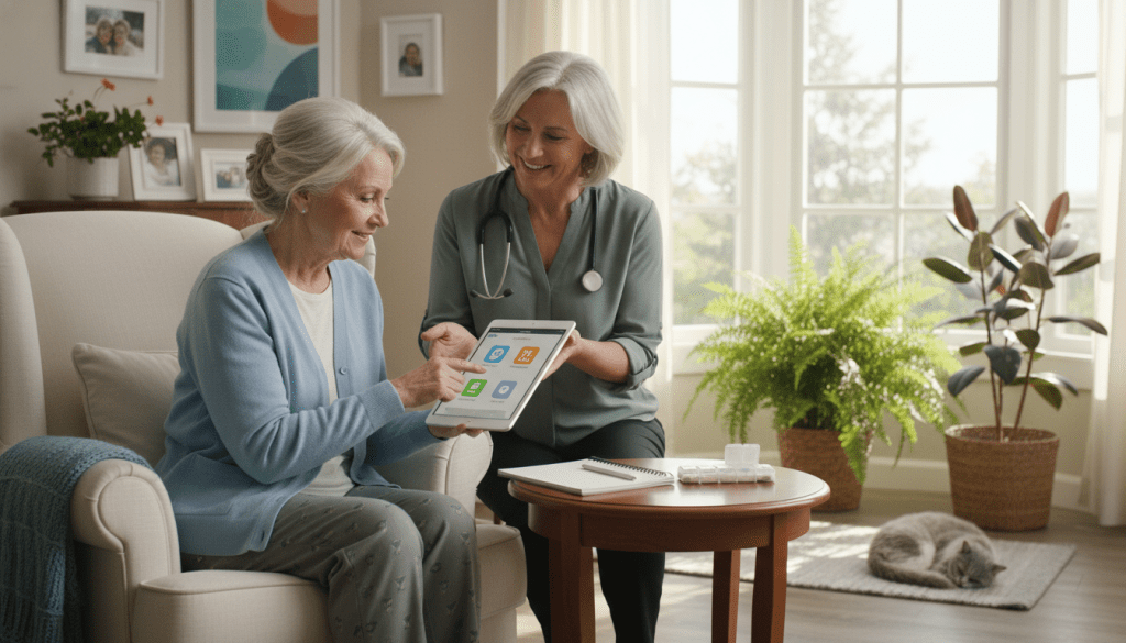 A serene home environment depicting a senior using a tablet for daily check-ins, highlighting the importance of elder care monitoring. In the foreground, a middle-aged caregiver in professional attire is smiling, assisting the senior who is comfortably seated in an armchair, casually dressed in light, modest clothing. The middle section of the image features a table with health-related items like a medication organizer and a notepad, illustrating daily tracking. The background shows a bright, airy living room with soft natural light streaming in through a large window, plants in the corners, and family photos on the walls, creating a warm and caring atmosphere. The scene captures a sense of safety, support, and connection, emphasizing the benefits of effective elder care monitoring.