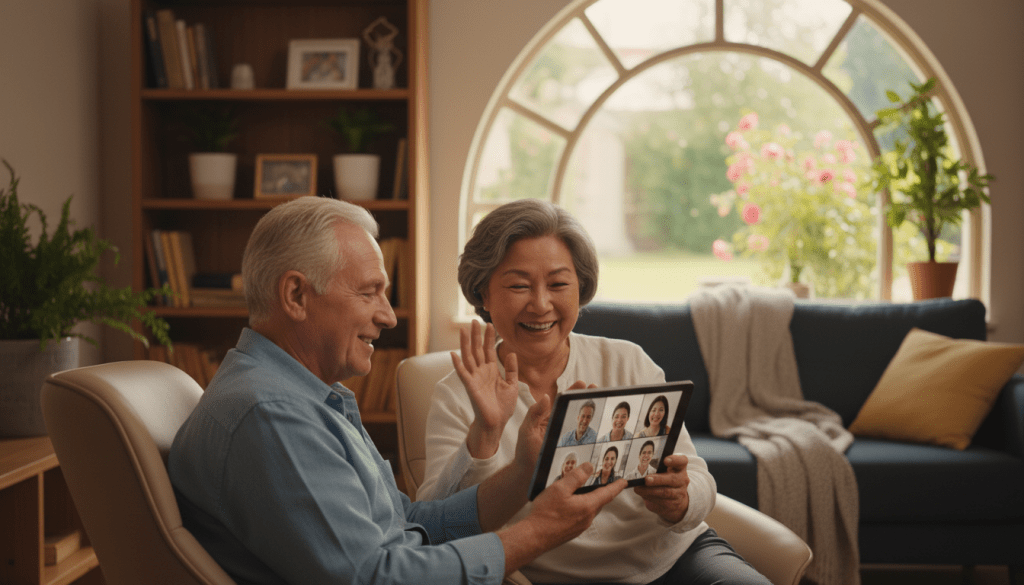 A serene home environment showcasing elderly individuals using technology to stay connected. In the foreground, two seniors, a man and a woman, are sitting comfortably in modern chairs, engaged in a video call on a tablet, smiling and enjoying the interaction. The middle ground features a cozy living room setting with warm lighting, featuring bookshelves and plants, symbolizing comfort. In the background, a soft-focus window reveals a peaceful garden outside, enhancing the atmosphere of connection. The lighting is soft and inviting, creating a sense of warmth and intimacy. The image should convey a sense of happiness and community, reflecting the positive impact of technology on social connections for seniors.