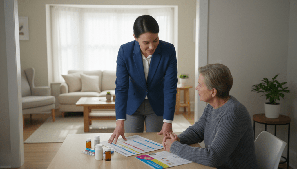 A serene home environment transitioning from a hospital setting. In the foreground, a friendly healthcare professional in business attire is gently discussing medication with an attentive patient sitting at a kitchen table, surrounded by organized pill bottles and a medication chart. The middle ground features a bright and inviting living room with warm lighting streaming in from a window, symbolizing comfort and safety. In the background, a small plant and a cozy couch create an atmosphere of healing and support. The scene emphasizes clarity and the importance of communication in medication reconciliation, with soft colors and natural light to evoke a sense of tranquility and reassurance during the transition from hospital to home care.