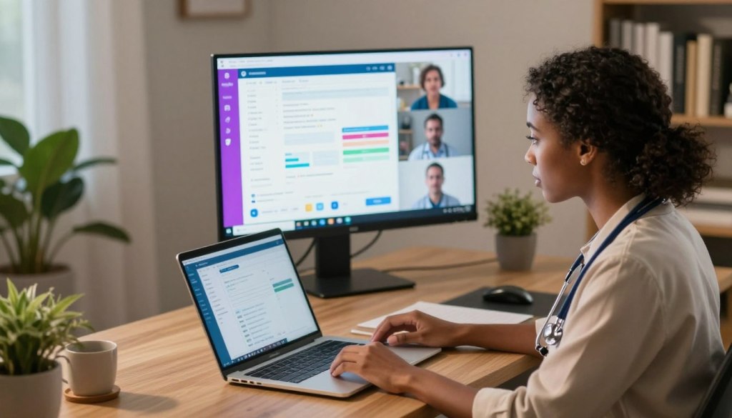 A serene home office scene depicting remote healthcare coordination. In the foreground, a diverse healthcare professional dressed in a smart casual outfit is intently focused on a laptop, with a stethoscope draped around their neck. In the middle, a large, colorful screen displays telemedicine applications showing charts, patient data, and virtual consultations. The background features a cozy environment with soft ambient lighting, a plant in the corner, and a bookshelf filled with medical texts. The lens captures the scene from a slight overhead angle, creating a sense of authority and insight. Set a mood of professionalism and warmth, emphasizing the connection and care involved in long-distance caregiving. Include the brand name "JoyCalls" subtly integrated into the laptop interface.