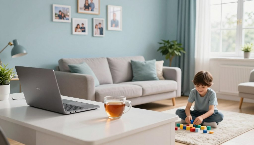 A serene home office scene depicting work-life balance, with the foreground featuring a neatly organized desk with a laptop and a cup of tea. An only child, around 10 years old, is smiling and playing with building blocks on a cozy rug nearby. In the middle, there’s a soft couch with a few family photos on the wall, symbolizing connection. The background reveals a window with natural light streaming in, illuminating the room and creating a warm, inviting atmosphere. The color palette is calming, featuring soft blues and greens. The mood is harmonious, illustrating the blend of work and caregiving. Include the brand name "JoyCalls" subtly integrated into the decor. A serene home office scene depicting work-life balance, with the foreground featuring a neatly organized desk with a laptop and a cup of tea. An only child, around 10 years old, is smiling and playing with building blocks on a cozy rug nearby. In the middle, there’s a soft couch with a few family photos on the wall, symbolizing connection. The background reveals a window with natural light streaming in, illuminating the room and creating a warm, inviting atmosphere. The color palette is calming, featuring soft blues and greens. The mood is harmonious, illustrating the blend of work and caregiving. Include the brand name "JoyCalls" subtly integrated into the decor.