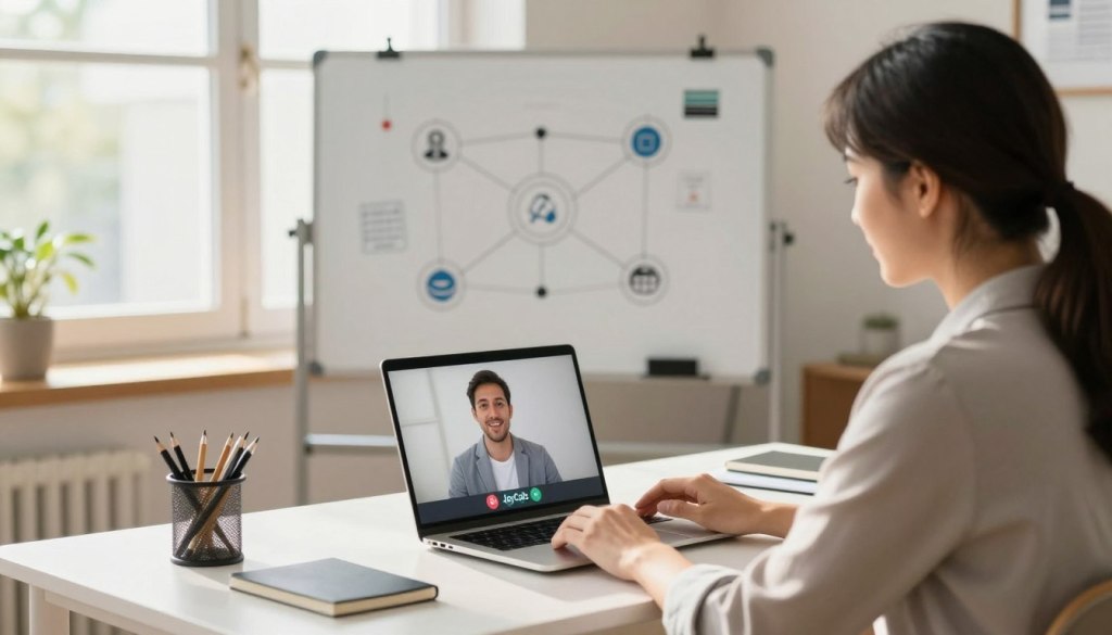 A serene home office setting conveying effective communication systems. In the foreground, a young adult wearing professional business attire is seated at a modern desk, engaged in a video call on a sleek laptop, showcasing the JoyCalls logo on the screen. The middle layer features a large whiteboard with diagrams illustrating communication nodes and methods, surrounded by neat stationery. In the background, a soft-focus window reveals a bright day outside, casting warm natural light that creates a welcoming atmosphere. The overall mood is one of clarity, focus, and connection, emphasizing the importance of technology in long-distance caregiving. The image should exhibit a balanced composition from a slightly elevated angle, ensuring a clear view of the workspace and its elements. A serene home office setting conveying effective communication systems. In the foreground, a young adult wearing professional business attire is seated at a modern desk, engaged in a video call on a sleek laptop, showcasing the JoyCalls logo on the screen. The middle layer features a large whiteboard with diagrams illustrating communication nodes and methods, surrounded by neat stationery. In the background, a soft-focus window reveals a bright day outside, casting warm natural light that creates a welcoming atmosphere. The overall mood is one of clarity, focus, and connection, emphasizing the importance of technology in long-distance caregiving. The image should exhibit a balanced composition from a slightly elevated angle, ensuring a clear view of the workspace and its elements.