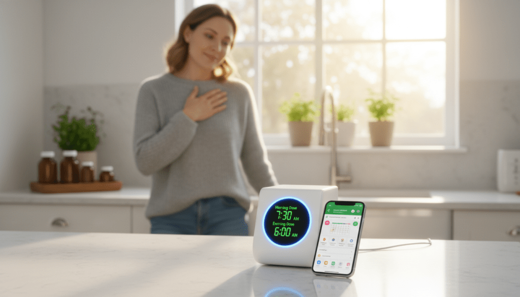 A serene home setting showcasing a modern kitchen. In the foreground, a sleek digital pill dispenser glows softly, displaying personalized reminders for medication times. Next to it, a smartphone rests on the countertop, featuring a vibrant app interface for tracking medication schedules. In the middle ground, a concerned yet relieved woman in casual attire stands, glancing at the dispenser with a gentle smile, embodying the relief that AI medication reminders provide. The background features warm lighting filtering through a window, casting a calm ambiance over the scene. Subtle elements like potted plants and organized medication bottles add to the atmosphere of a caring and health-focused home. Aim for a bright, optimistic mood that emphasizes the supportive role of technology in patient care. A serene home setting showcasing a modern kitchen. In the foreground, a sleek digital pill dispenser glows softly, displaying personalized reminders for medication times. Next to it, a smartphone rests on the countertop, featuring a vibrant app interface for tracking medication schedules. In the middle ground, a concerned yet relieved woman in casual attire stands, glancing at the dispenser with a gentle smile, embodying the relief that AI medication reminders provide. The background features warm lighting filtering through a window, casting a calm ambiance over the scene. Subtle elements like potted plants and organized medication bottles add to the atmosphere of a caring and health-focused home. Aim for a bright, optimistic mood that emphasizes the supportive role of technology in patient care.