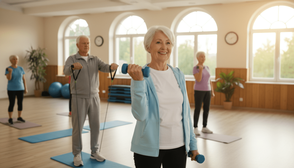 A serene indoor gym setting designed for elderly adults, showcasing a diverse group of seniors engaged in strength training exercises. In the foreground, a smiling elderly woman lifting light dumbbells, wearing comfortable athletic clothing, her face showing determination. Beside her, an elderly man using resistance bands, demonstrating proper form with a focused expression. In the middle ground, a spacious area filled with fitness mats and stability balls, creating an inviting atmosphere. In the background, large windows let in warm, natural light, providing an uplifting ambiance. The scene emphasizes camaraderie and support among seniors exercising together, promoting health and well-being. The composition is captured with a soft focus, highlighting the subjects while keeping the environment bright and encouraging. A serene indoor gym setting designed for elderly adults, showcasing a diverse group of seniors engaged in strength training exercises. In the foreground, a smiling elderly woman lifting light dumbbells, wearing comfortable athletic clothing, her face showing determination. Beside her, an elderly man using resistance bands, demonstrating proper form with a focused expression. In the middle ground, a spacious area filled with fitness mats and stability balls, creating an inviting atmosphere. In the background, large windows let in warm, natural light, providing an uplifting ambiance. The scene emphasizes camaraderie and support among seniors exercising together, promoting health and well-being. The composition is captured with a soft focus, highlighting the subjects while keeping the environment bright and encouraging.
