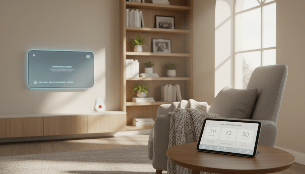 A serene indoor scene depicting a modern living room equipped with automated monitoring and emergency alert systems. In the foreground, a sleek, smart home device resembling a tablet displays real-time data. To the left, a cozy armchair with a knit blanket invites comfort, while a well-placed window lets in natural light, accentuating a calm, safe atmosphere. In the middle ground, a digital display shows notifications and alerts, subtly glowing to indicate functionality. The background features soft, neutral tones, including a bookshelf filled with books and plants, evoking a sense of warmth and connection. The overall mood is reassuring and supportive, highlighting technology enhancing the safety and well-being of seniors living alone. Shot from a slightly elevated angle, the lighting is soft, creating an inviting environment.