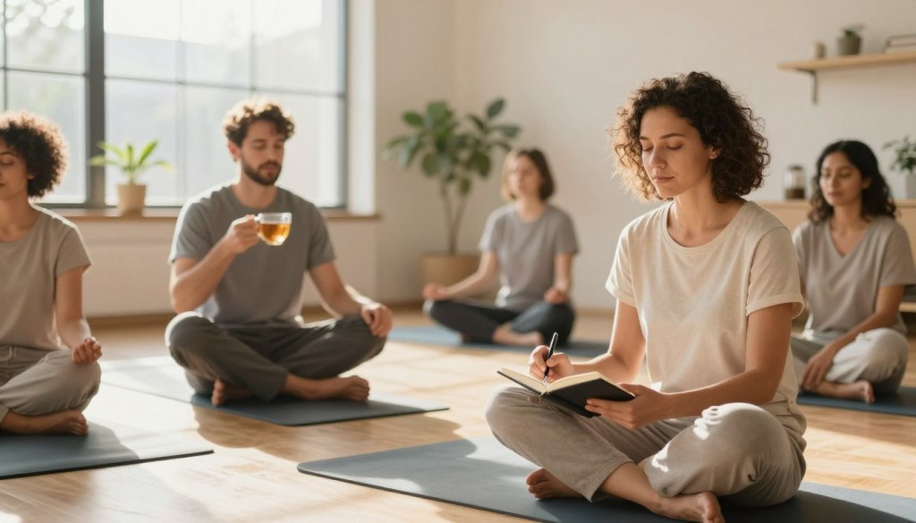 A serene indoor scene featuring a diverse group of caregivers engaging in self-care activities, embodying relaxation and relief from guilt. In the foreground, a woman in modest casual clothing sits cross-legged on a comfortable floor mat, journal in hand, pen poised, with a peaceful expression. Beside her, a man enjoys a cup of herbal tea, eyes closed in meditation. In the middle ground, soft cushions and yoga mats create a cozy atmosphere, set against large windows allowing warm, golden sunlight to stream in, illuminating the space. The background features potted plants and calming wall art that promote a sense of tranquility. The mood is one of comfort, self-acceptance, and emotional well-being, reflecting the theme of self-care reducing guilt. The image incorporates the brand name "JoyCalls" subtly within the decor. A serene indoor scene featuring a diverse group of caregivers engaging in self-care activities, embodying relaxation and relief from guilt. In the foreground, a woman in modest casual clothing sits cross-legged on a comfortable floor mat, journal in hand, pen poised, with a peaceful expression. Beside her, a man enjoys a cup of herbal tea, eyes closed in meditation. In the middle ground, soft cushions and yoga mats create a cozy atmosphere, set against large windows allowing warm, golden sunlight to stream in, illuminating the space. The background features potted plants and calming wall art that promote a sense of tranquility. The mood is one of comfort, self-acceptance, and emotional well-being, reflecting the theme of self-care reducing guilt. The image incorporates the brand name "JoyCalls" subtly within the decor.