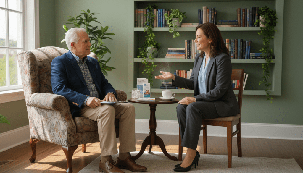 A serene indoor setting depicting a conversation about preventive care. In the foreground, an elderly man in smart casual attire sits comfortably in a cozy armchair, holding a clipboard, while an attentive middle-aged female health professional, dressed in a neat business outfit, gestures kindly as she talks. In the middle ground, a small table with health pamphlets and a steaming cup of tea creates a warm atmosphere. Soft lighting filters through a nearby window, casting gentle shadows and highlighting their expressions of understanding and concern. In the background, shelves with books and plants add a sense of homeliness, enhancing the mood of support and wellness. The overall vibe conveys care and communication in a professional yet friendly space. A serene indoor setting depicting a conversation about preventive care. In the foreground, an elderly man in smart casual attire sits comfortably in a cozy armchair, holding a clipboard, while an attentive middle-aged female health professional, dressed in a neat business outfit, gestures kindly as she talks. In the middle ground, a small table with health pamphlets and a steaming cup of tea creates a warm atmosphere. Soft lighting filters through a nearby window, casting gentle shadows and highlighting their expressions of understanding and concern. In the background, shelves with books and plants add a sense of homeliness, enhancing the mood of support and wellness. The overall vibe conveys care and communication in a professional yet friendly space.