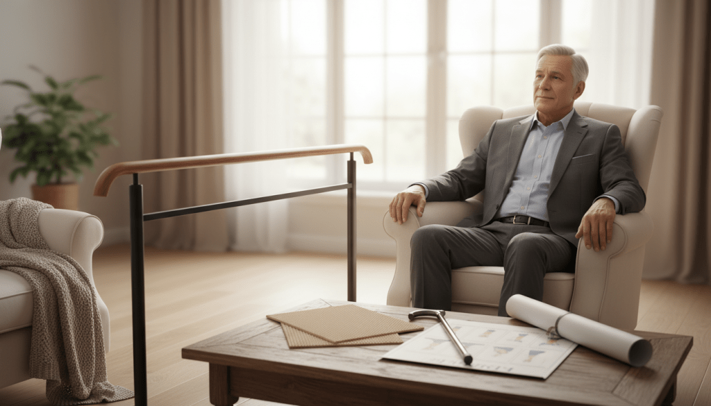 A serene indoor setting focused on fall prevention strategies, featuring a cozy living room with an elderly person in professional business attire seated in a comfortable armchair. In the foreground, a sturdy handrail is visibly installed next to the armchair. In the middle, a table displays several fall prevention tools, such as non-slip mats, a walking cane, and a set of exercises illustrated on a poster. The background features soft lighting, creating a warm and inviting atmosphere with neutral tones. The room has a large window allowing natural light to stream in, emphasizing safety and comfort. The overall mood conveys health awareness and proactive measures for managing physical health, specifically targeting fall risks. A serene indoor setting focused on fall prevention strategies, featuring a cozy living room with an elderly person in professional business attire seated in a comfortable armchair. In the foreground, a sturdy handrail is visibly installed next to the armchair. In the middle, a table displays several fall prevention tools, such as non-slip mats, a walking cane, and a set of exercises illustrated on a poster. The background features soft lighting, creating a warm and inviting atmosphere with neutral tones. The room has a large window allowing natural light to stream in, emphasizing safety and comfort. The overall mood conveys health awareness and proactive measures for managing physical health, specifically targeting fall risks.