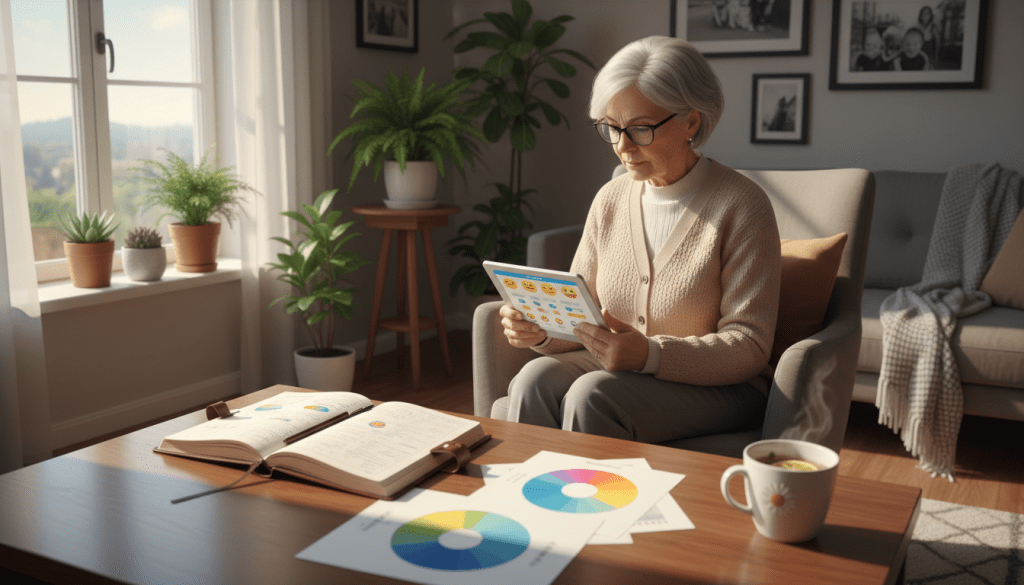 A serene indoor setting showcasing practical steps for daily mood monitoring for older adults. In the foreground, a table displays a mood diary, colored mood charts, and a calming cup of herbal tea. In the middle, an older adult, dressed in modest, casual clothing, thoughtfully engages with a mood tracking app on a tablet. Beside them, a gentle light source from a nearby window casts soft shadows, creating a warm atmosphere. In the background, a cozy living room with potted plants and personal photos gives a sense of comfort and nostalgia. The overall mood is tranquil and encouraging, highlighting the importance of emotional awareness and self-care for seniors.