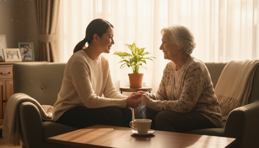 A serene indoor setting that reflects a gentle daily check-in routine for seniors. In the foreground, a calm and caring caregiver, wearing modest casual clothing, sits across from a senior individual, both engaged in a warm and friendly conversation. The middle ground features a cozy living room decorated with soft armchairs, a coffee table with a steaming cup of tea, and a potted plant, creating a nurturing atmosphere. The background reveals natural light streaming through a window, casting a soft glow that enhances the warmth of the scene. The mood is peaceful and reassuring, emphasizing connection and support in an inviting, homey environment. Use a warm color palette to evoke comfort and tranquility. A serene indoor setting that reflects a gentle daily check-in routine for seniors. In the foreground, a calm and caring caregiver, wearing modest casual clothing, sits across from a senior individual, both engaged in a warm and friendly conversation. The middle ground features a cozy living room decorated with soft armchairs, a coffee table with a steaming cup of tea, and a potted plant, creating a nurturing atmosphere. The background reveals natural light streaming through a window, casting a soft glow that enhances the warmth of the scene. The mood is peaceful and reassuring, emphasizing connection and support in an inviting, homey environment. Use a warm color palette to evoke comfort and tranquility.