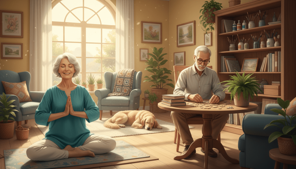 A serene, inviting living room scene featuring a diverse group of seniors engaged in daily wellbeing activities. In the foreground, a cheerful elderly woman with silver hair, wearing comfortable yet stylish clothing, practices gentle yoga on a mat, her posture reflecting calmness and focus. Beside her, a gentleman with glasses is seated at a small table, happily solving a puzzle, surrounded by books and plants. In the middle, a sunny window casts warm afternoon light, enhancing the cozy atmosphere, while a dog rests peacefully in the corner. In the background, soft shelves lined with colorful art supplies suggest creative pursuits. The overall mood is uplifting and peaceful, emphasizing mental and physical wellbeing, with natural daylight providing a bright and cheerful ambiance. A serene, inviting living room scene featuring a diverse group of seniors engaged in daily wellbeing activities. In the foreground, a cheerful elderly woman with silver hair, wearing comfortable yet stylish clothing, practices gentle yoga on a mat, her posture reflecting calmness and focus. Beside her, a gentleman with glasses is seated at a small table, happily solving a puzzle, surrounded by books and plants. In the middle, a sunny window casts warm afternoon light, enhancing the cozy atmosphere, while a dog rests peacefully in the corner. In the background, soft shelves lined with colorful art supplies suggest creative pursuits. The overall mood is uplifting and peaceful, emphasizing mental and physical wellbeing, with natural daylight providing a bright and cheerful ambiance.