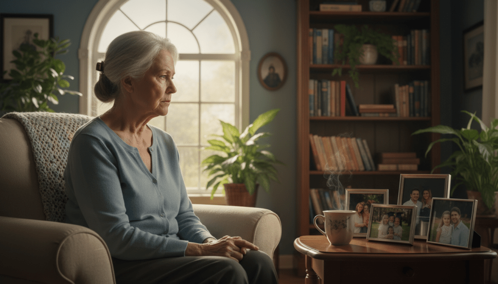 A serene living room scene depicting an elderly parent sitting alone on a comfortable armchair, looking pensively out of a large window. In the foreground, a warm cup of tea rests on a small side table next to a collection of family photos, showcasing happy moments from the past. The middle ground features soft lighting, casting gentle shadows that emphasize the parent’s thoughtful expression. In the background, a well-loved bookshelf filled with books and a few plants signifies a nurturing environment. The atmosphere is reflective and slightly melancholic, conveying the challenges of aging and the desire for social connection. The overall tone is warm and inviting, yet poignant, encouraging viewers to recognize the emotional landscape of aging.