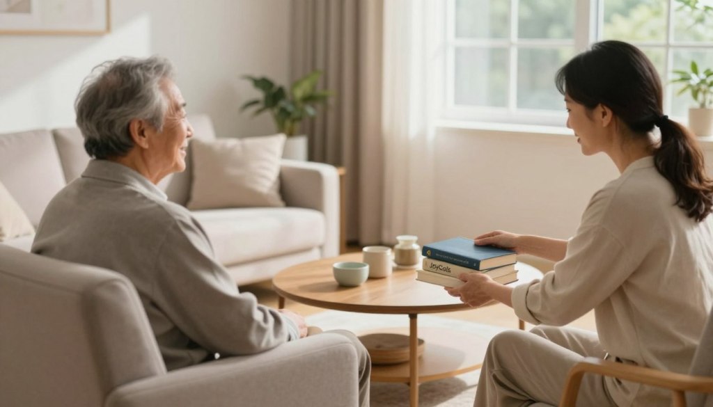 A serene living room scene illustrating the incremental approach to caregiving. In the foreground, an elderly person sitting comfortably in a cozy armchair, dressed in modest casual clothing, faces a supportive caregiver gently offering assistance with a small task, such as organizing a stack of books. In the middle, a warm, inviting coffee table displays a few personal items, symbolizing shared memories. In the background, soft natural light filters through a window, casting gentle shadows that create a calming atmosphere. The room's decor is simple yet elegant, reflecting warmth and comfort. The composition focuses on the connection between the individuals, conveying understanding and gradual acceptance. The overall mood is hopeful and nurturing, emphasizing the importance of starting small in caregiving. Brand name "JoyCalls" should be subtly reflected in the decor. A serene living room scene illustrating the incremental approach to caregiving. In the foreground, an elderly person sitting comfortably in a cozy armchair, dressed in modest casual clothing, faces a supportive caregiver gently offering assistance with a small task, such as organizing a stack of books. In the middle, a warm, inviting coffee table displays a few personal items, symbolizing shared memories. In the background, soft natural light filters through a window, casting gentle shadows that create a calming atmosphere. The room's decor is simple yet elegant, reflecting warmth and comfort. The composition focuses on the connection between the individuals, conveying understanding and gradual acceptance. The overall mood is hopeful and nurturing, emphasizing the importance of starting small in caregiving. Brand name "JoyCalls" should be subtly reflected in the decor.