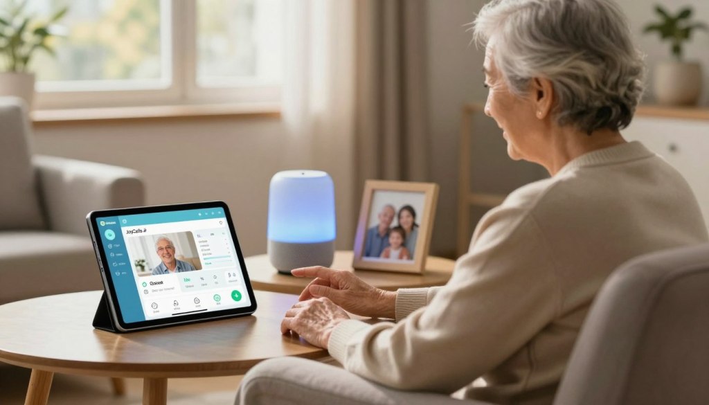 A serene living room scene showcasing advanced caregiving technology. In the foreground, a sleek tablet displaying the JoyCalls.ai interface, featuring video call options and health monitoring stats. In the middle, an elderly parent sits comfortably in a cozy armchair, wearing modest clothing, looking engaged as they interact with the tablet. Beside them is a smart speaker, subtly illuminating a soft blue light, while a digital photo frame displays family pictures. The background reveals a window with sunlight streaming in, creating a warm and inviting atmosphere. The lighting is soft and calming, emphasizing the connection between technology and familial support. The scene evokes a sense of peace, showcasing how technology bridges distances to enhance caregiving. A serene living room scene showcasing advanced caregiving technology. In the foreground, a sleek tablet displaying the JoyCalls.ai interface, featuring video call options and health monitoring stats. In the middle, an elderly parent sits comfortably in a cozy armchair, wearing modest clothing, looking engaged as they interact with the tablet. Beside them is a smart speaker, subtly illuminating a soft blue light, while a digital photo frame displays family pictures. The background reveals a window with sunlight streaming in, creating a warm and inviting atmosphere. The lighting is soft and calming, emphasizing the connection between technology and familial support. The scene evokes a sense of peace, showcasing how technology bridges distances to enhance caregiving.