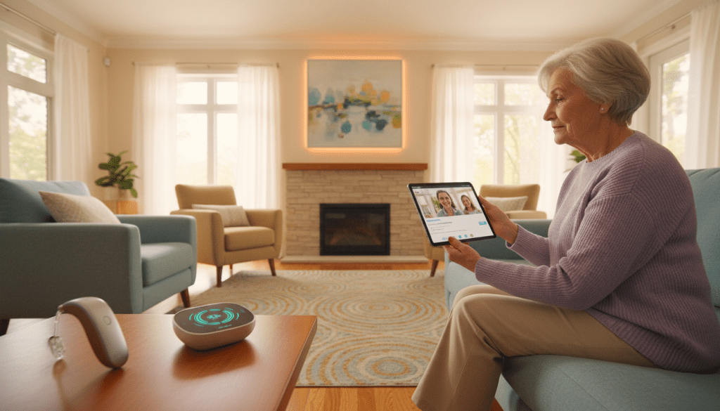 A serene living room setting designed for seniors, featuring a range of innovative safety technologies for hearing challenges. In the foreground, showcase a modern hearing aid with sleek design, displayed next to a smart home device with visual alerts. The middle ground captures an elderly person wearing comfortable, modest attire, interacting with a tablet that shows accessible communication options. The background features subtle ambient lighting with large windows, providing a sunny, inviting atmosphere. Soft colors dominate the scene, enhancing a sense of calm and safety. Use a wide-angle lens to capture the cozy layout, emphasizing the integration of technology into daily life, ensuring a supportive environment for seniors. The overall mood should inspire reassurance and ease. A serene living room setting designed for seniors, featuring a range of innovative safety technologies for hearing challenges. In the foreground, showcase a modern hearing aid with sleek design, displayed next to a smart home device with visual alerts. The middle ground captures an elderly person wearing comfortable, modest attire, interacting with a tablet that shows accessible communication options. The background features subtle ambient lighting with large windows, providing a sunny, inviting atmosphere. Soft colors dominate the scene, enhancing a sense of calm and safety. Use a wide-angle lens to capture the cozy layout, emphasizing the integration of technology into daily life, ensuring a supportive environment for seniors. The overall mood should inspire reassurance and ease.