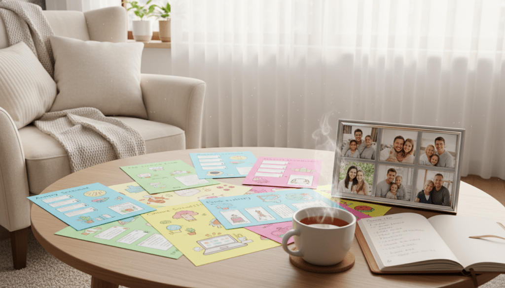A serene living room setting, with a cozy armchair and a small coffee table covered in personalized activity plans on colorful papers. In the foreground, a warm cup of tea sits on the table, steam gently rising. In the middle, a family photo frame shows loving moments, while a notebook is open beside it, outlining various activities designed to combat loneliness, like gardening, online classes, and social clubs. The background features soft, natural lighting coming through a window with sheer curtains, casting a gentle glow that creates a welcoming atmosphere. The mood is uplifting and hopeful, conveying a sense of care and connection in the space as if inviting the viewer to engage and feel comforted.