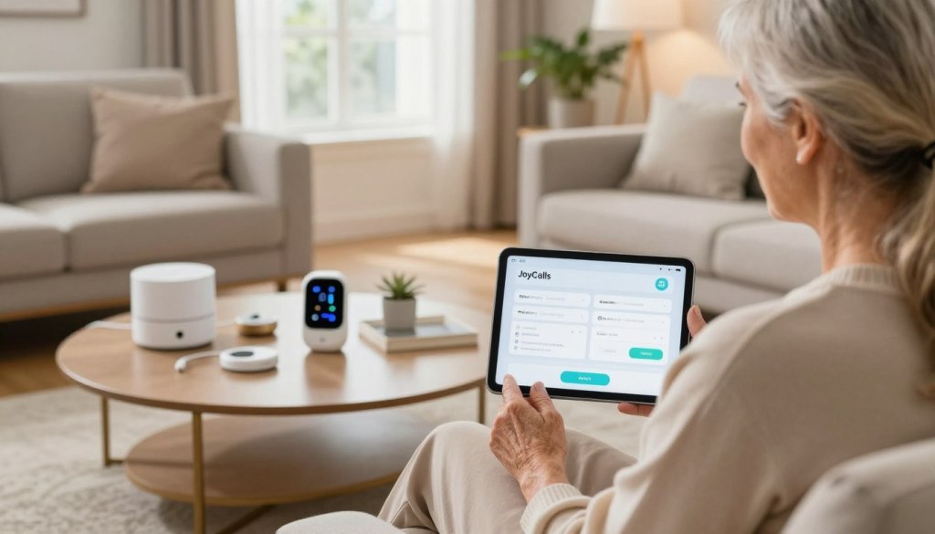A serene, modern living room scene featuring a senior woman comfortably seated with a tablet in hand, showcasing the "JoyCalls" remote monitoring system interface on the screen. In the foreground, the tablet displays notifications and health data, clearly indicating an engaging and user-friendly design. The middle ground features a stylish coffee table with smart home devices and health monitoring gadgets, subtly highlighting technology's role in caregiving. In the background, a window allows natural light to flood the room, creating a warm, inviting atmosphere. Soft, ambient lighting enhances the professionalism of the space, which also includes houseplants and family photos. The overall mood conveys safety, connection, and peace of mind, emphasizing the importance of technology in long-distance caregiving. A serene, modern living room scene featuring a senior woman comfortably seated with a tablet in hand, showcasing the "JoyCalls" remote monitoring system interface on the screen. In the foreground, the tablet displays notifications and health data, clearly indicating an engaging and user-friendly design. The middle ground features a stylish coffee table with smart home devices and health monitoring gadgets, subtly highlighting technology's role in caregiving. In the background, a window allows natural light to flood the room, creating a warm, inviting atmosphere. Soft, ambient lighting enhances the professionalism of the space, which also includes houseplants and family photos. The overall mood conveys safety, connection, and peace of mind, emphasizing the importance of technology in long-distance caregiving.