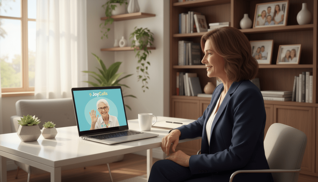 A serene, modern office environment where a middle-aged woman in professional attire is engaged in a friendly video call with a senior citizen smiling on the screen. In the foreground, the woman sits at a sleek desk with a laptop open, showcasing the JoyCalls interface with vibrant colors and clear icons. The middle ground features a well-organized workspace with potted plants and a sunny window casting soft natural light into the scene. The background includes shelves filled with books and framed photos of happy families, creating a warm and inviting atmosphere. The mood is uplifting and supportive, symbolizing the connection between technology and caring companionship for seniors.