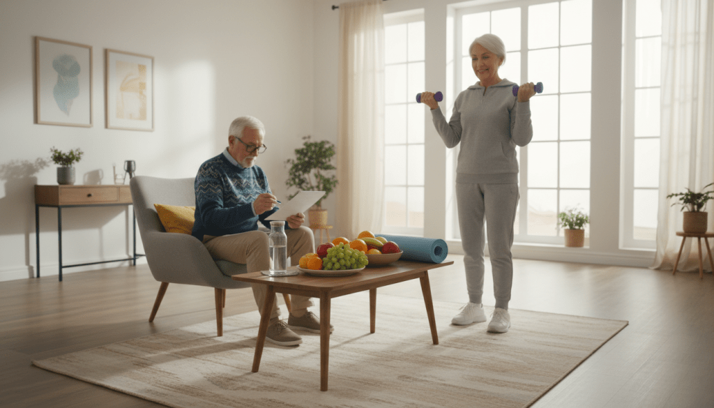 A serene morning scene in a bright, airy living room where an elderly couple engages in a healthy daily routine. In the foreground, a woman in modest casual attire exercises gently with light weights, while a man sits nearby, reviewing a weekly medication chart. In the middle ground, a small table holds a variety of colorful fruits, a water bottle, and fitness equipment like a yoga mat. The background features large windows with soft, natural light pouring in, casting gentle shadows. The atmosphere is warm and encouraging, emphasizing the importance of combining health, medication, and exercise into daily tasks. Use a soft focus lens to enhance the calming effect, capturing the essence of a supportive environment for elderly care. A serene morning scene in a bright, airy living room where an elderly couple engages in a healthy daily routine. In the foreground, a woman in modest casual attire exercises gently with light weights, while a man sits nearby, reviewing a weekly medication chart. In the middle ground, a small table holds a variety of colorful fruits, a water bottle, and fitness equipment like a yoga mat. The background features large windows with soft, natural light pouring in, casting gentle shadows. The atmosphere is warm and encouraging, emphasizing the importance of combining health, medication, and exercise into daily tasks. Use a soft focus lens to enhance the calming effect, capturing the essence of a supportive environment for elderly care.