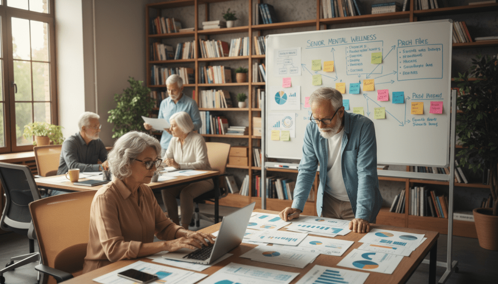 A serene office environment depicting a diverse group of older adults engaged in a collaborative research setting. In the foreground, an elderly woman with glasses and short gray hair is analyzing data on a laptop, while a thoughtful older man with a thin beard is examining printed graphs and charts spread across a table. In the middle ground, a whiteboard filled with post-it notes and diagrams reflects their discussions on mental health research. The background shows shelves lined with books on psychology and mental health strategies. Soft, natural lighting streams through a window, creating an inviting and productive atmosphere. The mood is focused yet supportive, capturing the essence of teamwork in addressing senior mental health challenges. Use a slightly elevated angle to convey the spaciousness of the room. A serene office environment depicting a diverse group of older adults engaged in a collaborative research setting. In the foreground, an elderly woman with glasses and short gray hair is analyzing data on a laptop, while a thoughtful older man with a thin beard is examining printed graphs and charts spread across a table. In the middle ground, a whiteboard filled with post-it notes and diagrams reflects their discussions on mental health research. The background shows shelves lined with books on psychology and mental health strategies. Soft, natural lighting streams through a window, creating an inviting and productive atmosphere. The mood is focused yet supportive, capturing the essence of teamwork in addressing senior mental health challenges. Use a slightly elevated angle to convey the spaciousness of the room.