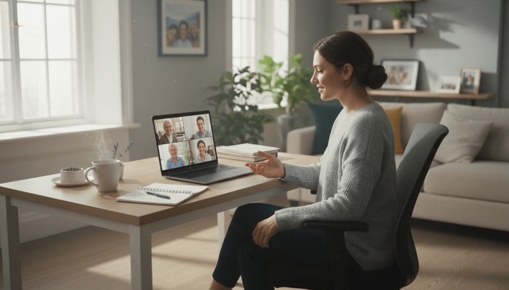 A serene, organized workspace depicting a daily check-in routine for long-distance caregivers. In the foreground, a neat desk features a laptop displaying a video call interface, alongside a notepad and a cup of herbal tea. The middle ground showcases a young caregiver in professional casual attire, smiling softly as they interact on the call. Soft, natural daylight streams through a nearby window, casting gentle shadows and creating a warm, inviting atmosphere. The background hints at a comfortable living room setting with plants and family photos, symbolizing connection and support. The overall mood is calm and focused, encouraging a sense of commitment and care within the caregiving routine.