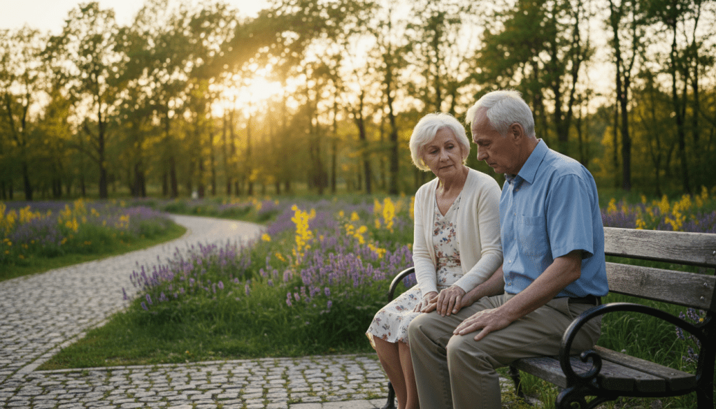 A serene outdoor park scene, featuring an elderly couple sitting on a bench in the foreground, showing subtle expressions of concern and contemplation. The man, in a modest casual shirt, gazes thoughtfully at the ground, while the woman looks at him with empathy, her hand gently resting on his knee. In the middle ground, a gentle pathway winds through blooming flowers, symbolizing hope and healing. In the background, the sun sets behind trees, casting warm golden light that envelops the scene, creating a tranquil atmosphere. The overall mood is reflective, capturing the complexities of mental health challenges faced by older adults, such as depression, anxiety, and grief, while illustrating their shared experience. The image is composed using a shallow depth of field to focus on the couple, enhancing the emotional connection.