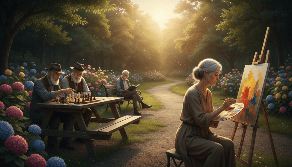 A serene park scene during golden hour, featuring a small group of elderly individuals engaged in various hobbies. In the foreground, a woman with gray hair, dressed in comfortable casual attire, is painting on an easel, her vibrant palette reflecting a bright sunset. Nearby, a couple of men are seated at a picnic table, playing chess, their expressions focused and engaged. In the middle ground, an elderly man is reading a book on a bench surrounded by blooming flowers, exuding a sense of tranquility. The background features lush, green trees and a gentle path winding through the park, bathed in warm, soft lighting. The atmosphere is inviting and peaceful, capturing the essence of new beginnings and the joy of embracing hobbies in retirement.