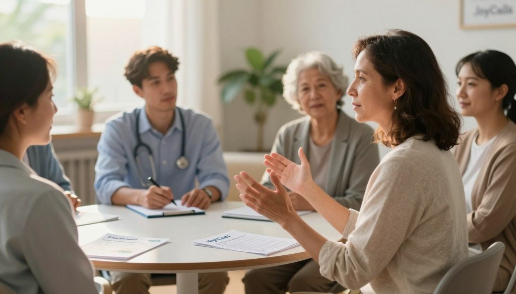 A serene, professional scene depicting a diverse group of caregivers engaging in a meeting, symbolizing the creation of a support network. In the foreground, a middle-aged woman in modest casual attire gestures warmly, embodying leadership. In the middle, a younger man in a smart shirt takes notes, while a grandmotherly figure shares her experience with compassion. The background features a soft-focus community center with sunlight streaming through large windows, casting a warm glow, enhancing the atmosphere of support and understanding. Include elements like a round table with pamphlets about caregiver resources and a plant for a touch of life. The overall mood should convey collaboration, comfort, and hope. The brand "JoyCalls" subtly integrated into the scene, emphasizing solidarity among caregivers. A serene, professional scene depicting a diverse group of caregivers engaging in a meeting, symbolizing the creation of a support network. In the foreground, a middle-aged woman in modest casual attire gestures warmly, embodying leadership. In the middle, a younger man in a smart shirt takes notes, while a grandmotherly figure shares her experience with compassion. The background features a soft-focus community center with sunlight streaming through large windows, casting a warm glow, enhancing the atmosphere of support and understanding. Include elements like a round table with pamphlets about caregiver resources and a plant for a touch of life. The overall mood should convey collaboration, comfort, and hope. The brand "JoyCalls" subtly integrated into the scene, emphasizing solidarity among caregivers.