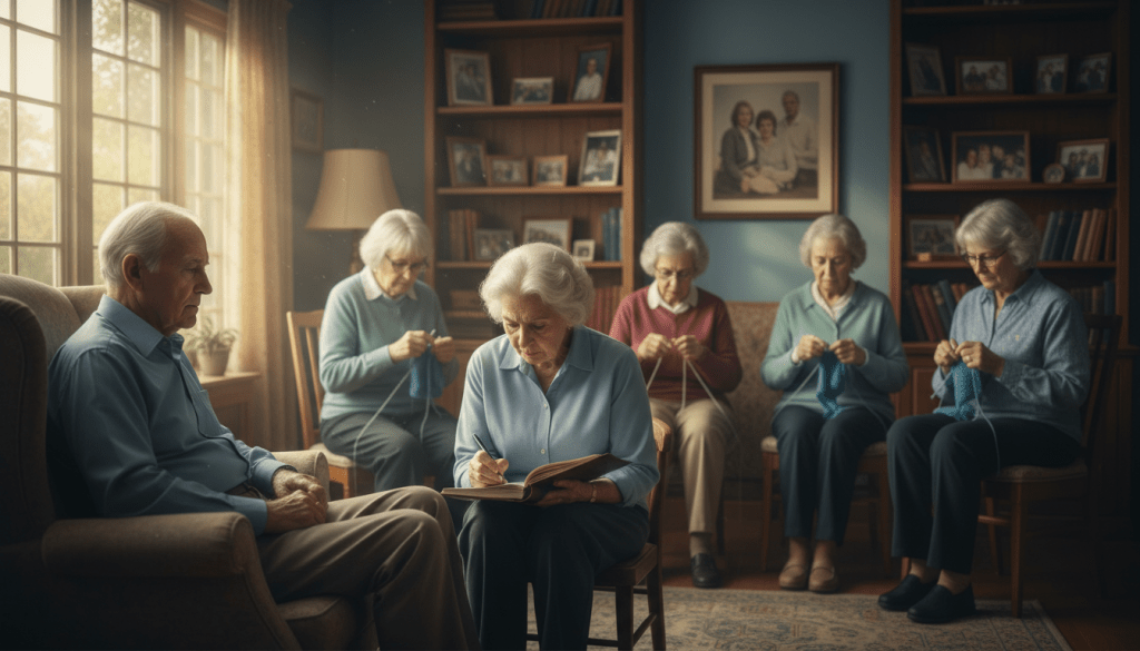 A serene room filled with elderly individuals, depicting various causes of mental health issues. In the foreground, a thoughtful elderly man gazes out of a window, reflecting feelings of isolation. Beside him, a woman is seen journaling, capturing her thoughts and anxieties. In the middle ground, a group of seniors engage in a knitting circle, illustrating social connection yet with somber expressions, hinting at underlying loneliness. The background features a warm, softly lit living room with shelves of family photos, symbolizing lost connections. Natural light filters through the window, creating a peaceful yet melancholic atmosphere. The composition should evoke empathy and awareness of the complexities of senior mental health, capturing both solitude and the need for companionship. A serene room filled with elderly individuals, depicting various causes of mental health issues. In the foreground, a thoughtful elderly man gazes out of a window, reflecting feelings of isolation. Beside him, a woman is seen journaling, capturing her thoughts and anxieties. In the middle ground, a group of seniors engage in a knitting circle, illustrating social connection yet with somber expressions, hinting at underlying loneliness. The background features a warm, softly lit living room with shelves of family photos, symbolizing lost connections. Natural light filters through the window, creating a peaceful yet melancholic atmosphere. The composition should evoke empathy and awareness of the complexities of senior mental health, capturing both solitude and the need for companionship.