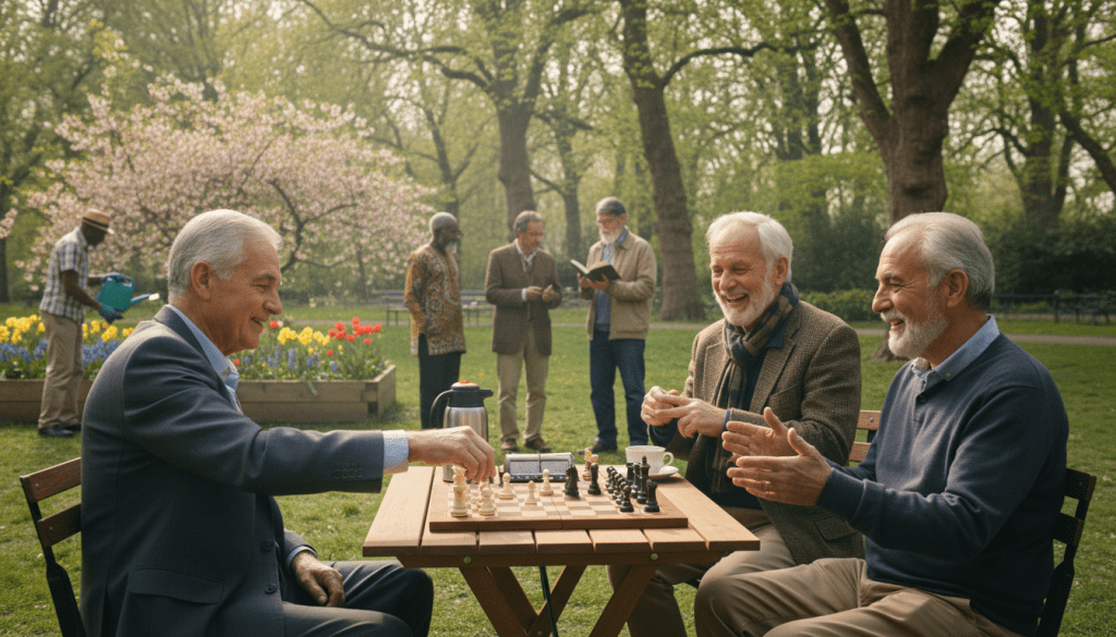 A serene scene depicting a diverse group of older men engaged in a lively community gathering in a park setting. The foreground features three men, aged 65 and above, dressed in professional business attire and modest casual clothing, smiling and interacting as they play chess at a table. In the middle ground, other men are seen sharing stories in small groups, with one reading a book while another is tending to a small community garden. In the background, tall trees provide gentle shade, with soft sunlight filtering through the leaves, creating a warm and inviting atmosphere. The bright colors of spring flowers add vibrancy to the scene, and the overall mood conveys connection, camaraderie, and a sense of belonging. Use a slight overhead angle to capture the enthusiasm and engagement of the men.